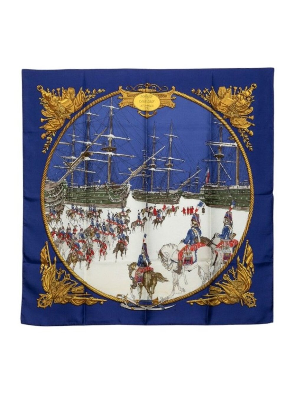 Hermes Carre 90 Marine Et Cavalerie Sea and Cavalry Scarf Blue Multicolor Silk
